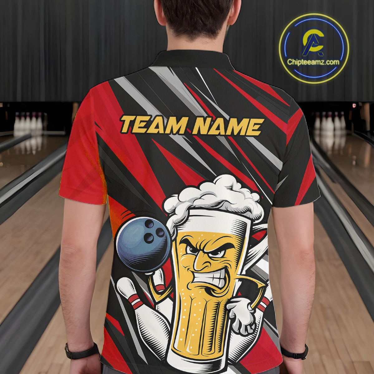 Custom Funny Red Bowling Jerseys Bowling And Beer Men Polo Shirts, Bowling Jerseys IPHW10532
