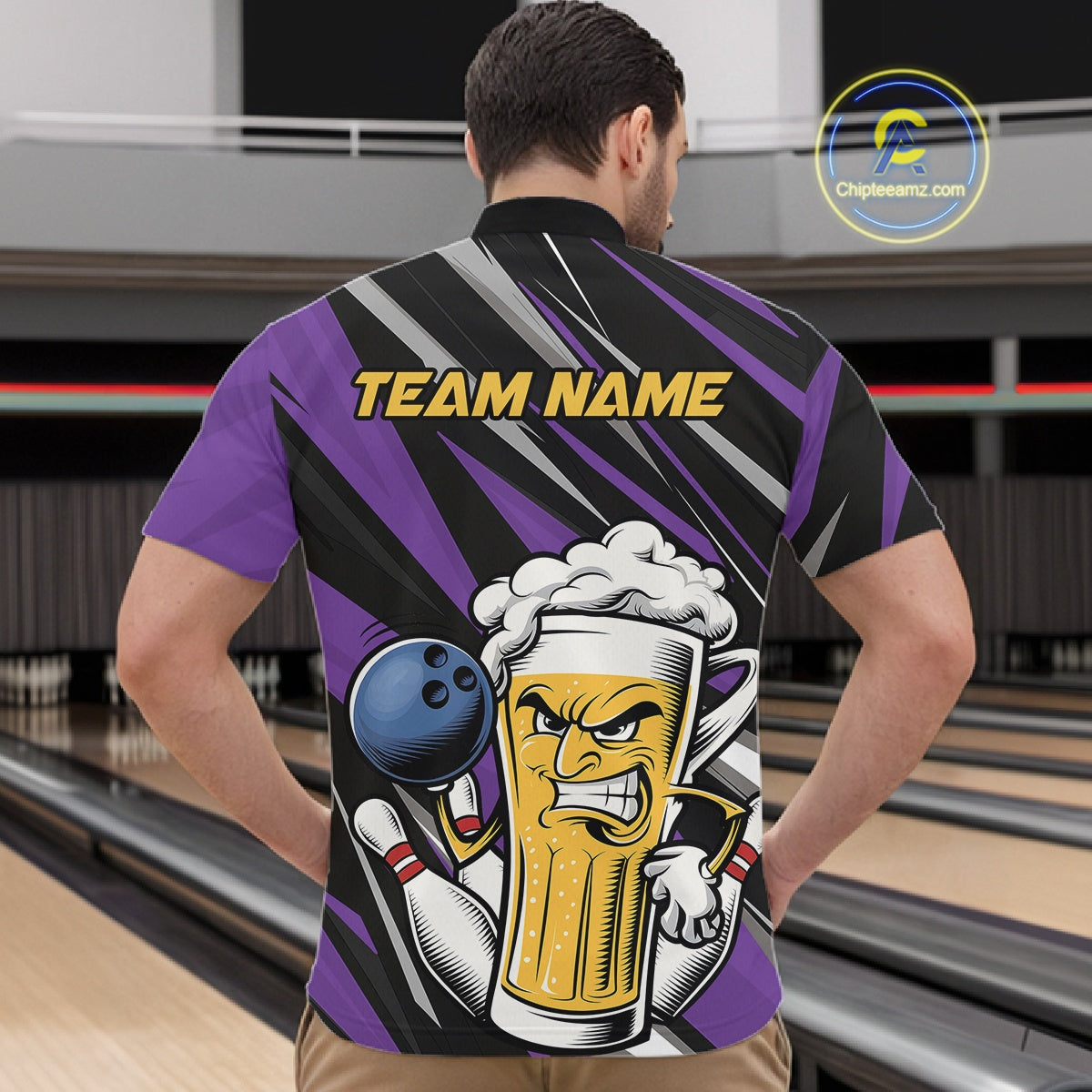 Custom Funny Purple Bowling Jerseys Bowling And Beer Men Quarter-Zip Shirts, Bowling Jerseys IPHW10535