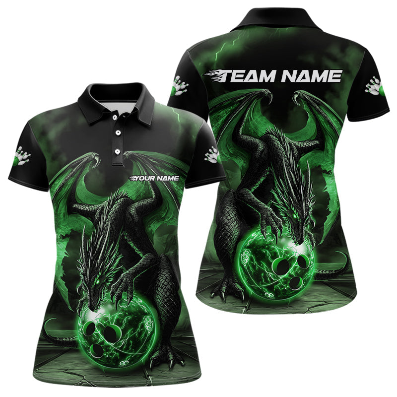 Black And Green Custom Bowling Team Polo Shirts For Women, Dragon Bowling League Shirts IPHW8691