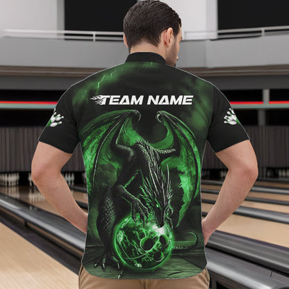 Black And Green Custom Bowling Team Quarter-Zip Shirts For Men, Dragon Bowling League Shirts IPHW8691