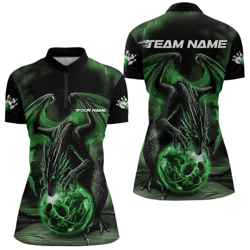 Black And Green Custom Bowling Team Womens Quarter-Zip Shirts, Dragon Bowling League Shirts IPHW8691