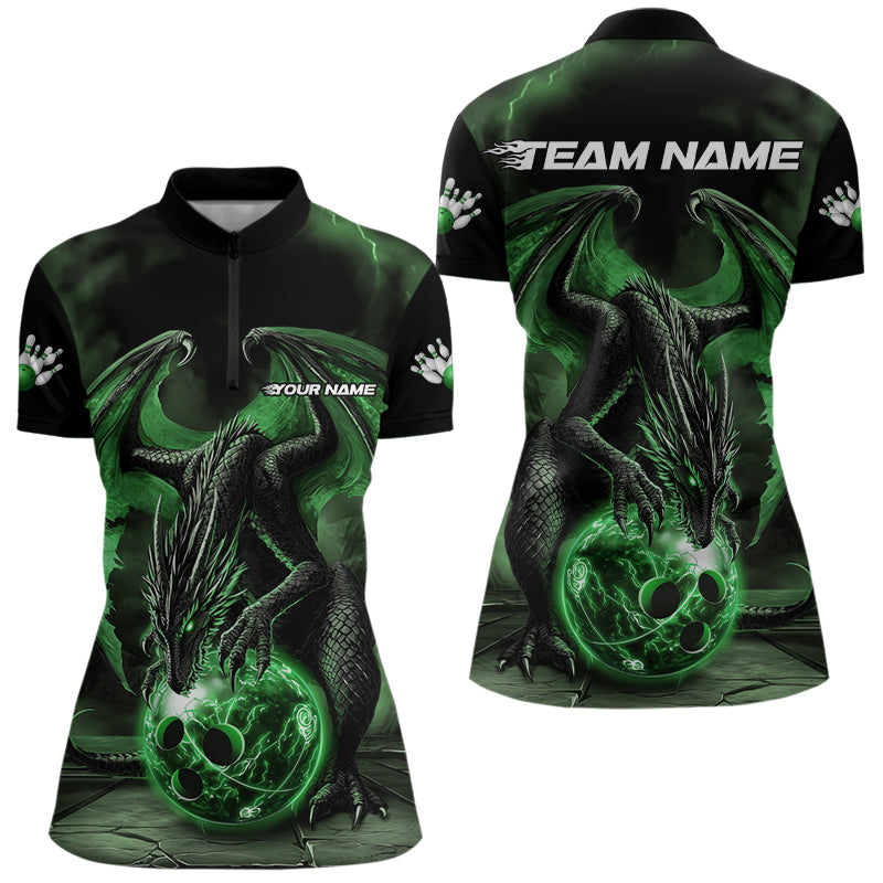 Black And Green Custom Bowling Team Womens Quarter-Zip Shirts, Dragon Bowling League Shirts IPHW8691