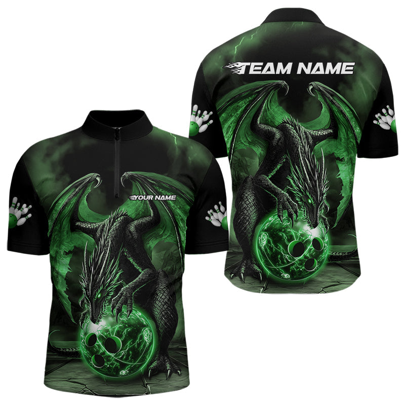 Black And Green Custom Bowling Team Quarter-Zip Shirts For Men, Dragon Bowling League Shirts IPHW8691