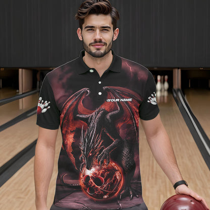 Black And Orange Custom Bowling Team Polo Shirts For Men, Dragon Bowling League Shirts IPHW8692
