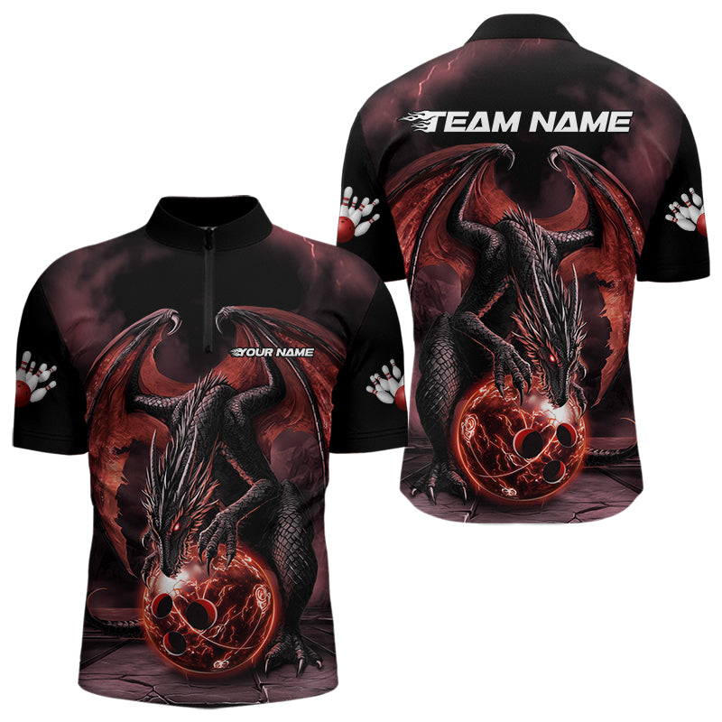 Black And Orange Custom Bowling Team Quarter-Zip Shirts For Men, Dragon Bowling League Shirts IPHW8692