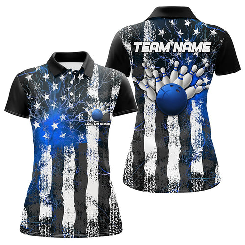 Blue Lightning American Flag Custom Ladies Bowling Team Jerseys, Patriotic Bowling Shirt IPHW6177