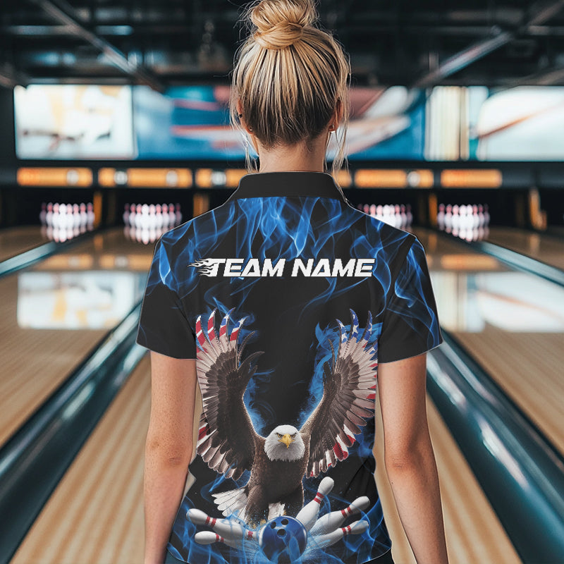 Personalized Blue Flame US Eagle Bowling Women Polo Shirts, Patriotic Bowling League Shirt IPHW8935