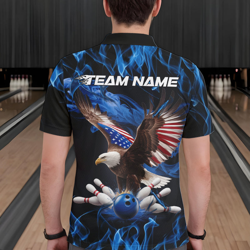 Custom Blue Flame US Eagle Bowling Men Polo Shirts, American Patriotic Bowling League Shirt IPHW8936