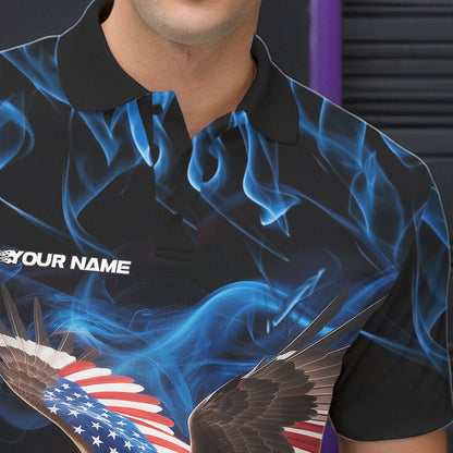 Custom Blue Flame US Eagle Bowling Men Polo Shirts, American Patriotic Bowling League Shirt IPHW8936