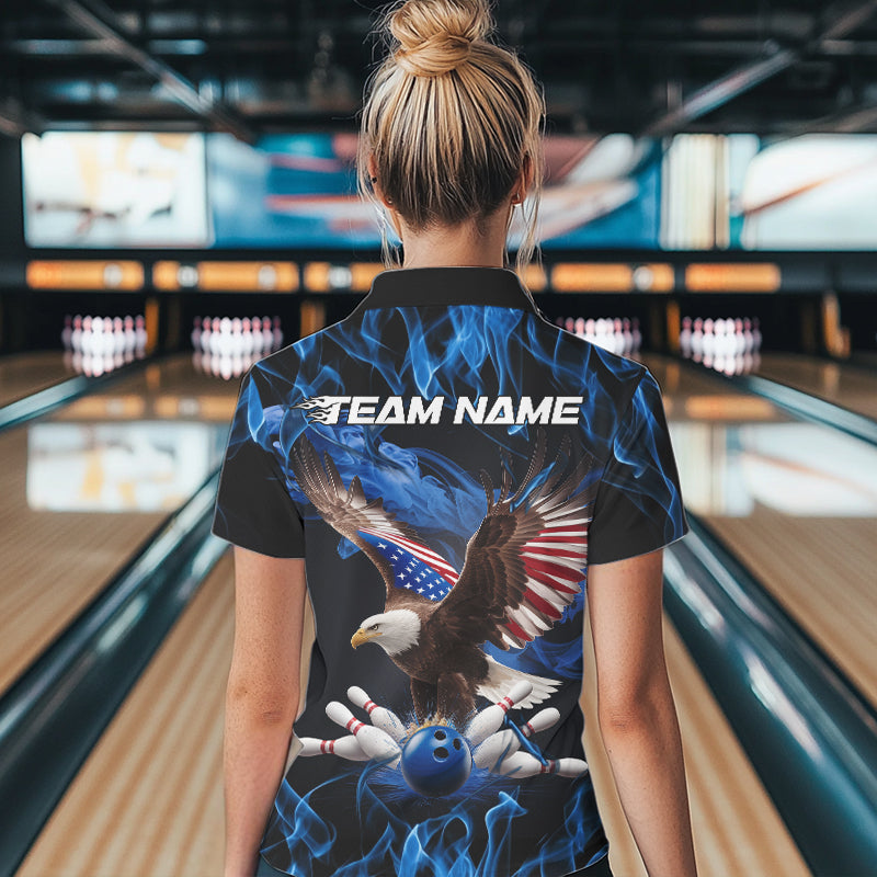 Custom Blue Flame US Eagle Bowling Women Polo Shirt, Patriotic Bowling League Shirt IPHW8936