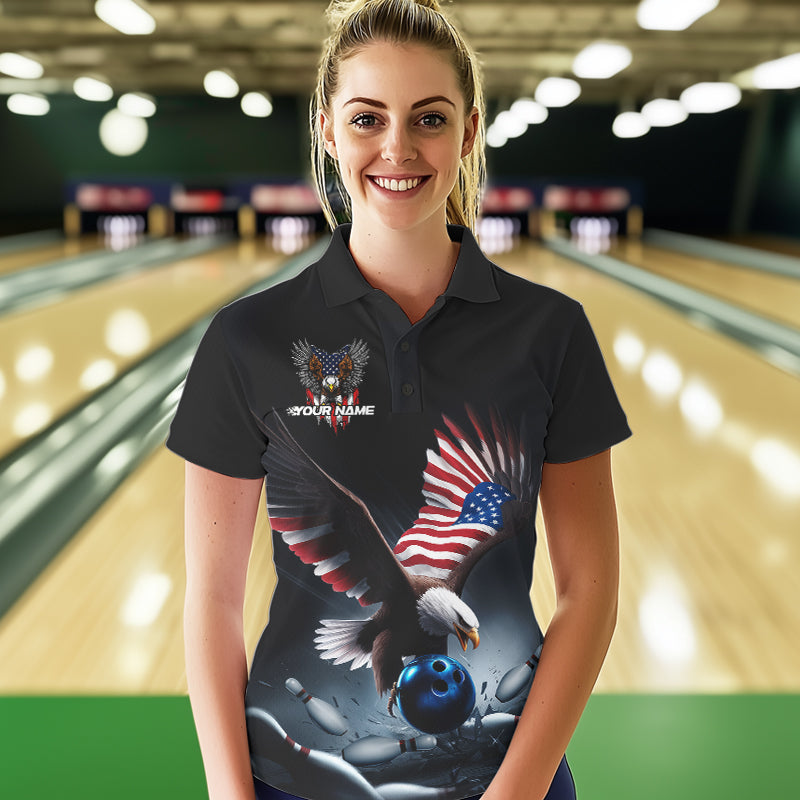 Custom American Flag Eagle Bowling Team Women Polo Shirt, Patriotic US Bowling League Shirt IPHW8937