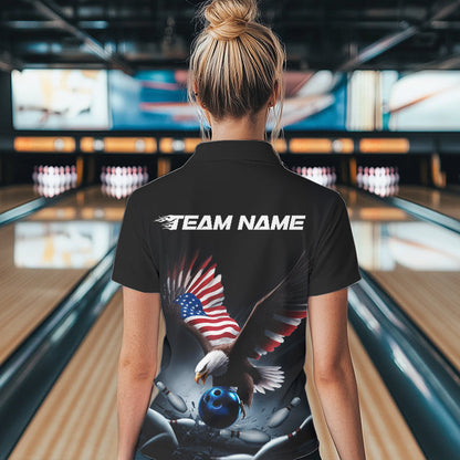 Custom American Flag Eagle Bowling Team Women Polo Shirt, Patriotic US Bowling League Shirt IPHW8937