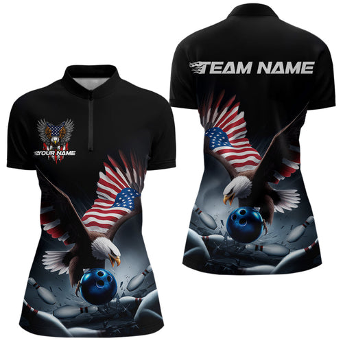 Custom American Flag Eagle Bowling Team Women Quarter-Zip Shirt, Patriotic US Bowling Shirt IPHW8937