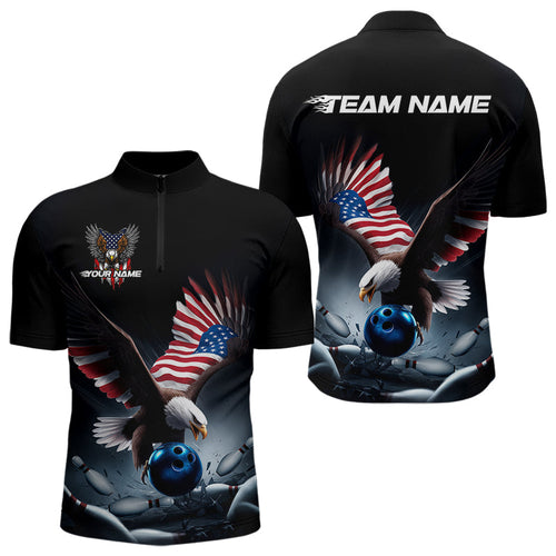 Custom American Flag Eagle Bowling Team Men Quarter-Zip Shirts, Patriotic US Bowling League Shirt IPHW8937