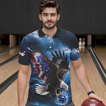 Load image into Gallery viewer, Custom Blue Lightning Patrotic Eagle Bowling Men Polo Shirt, US Flag Bowling Team Shirt IPHW8938