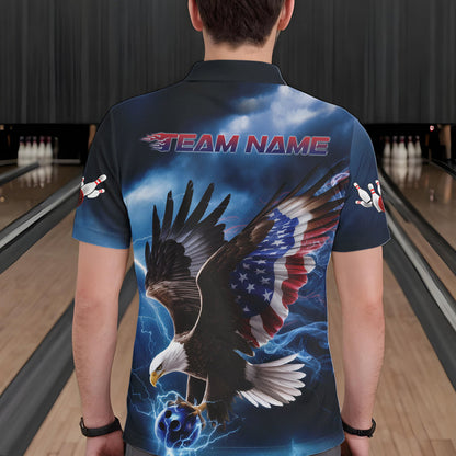 Custom Blue Lightning Patrotic Eagle Bowling Men Polo Shirt, US Flag Bowling Team Shirt IPHW8938