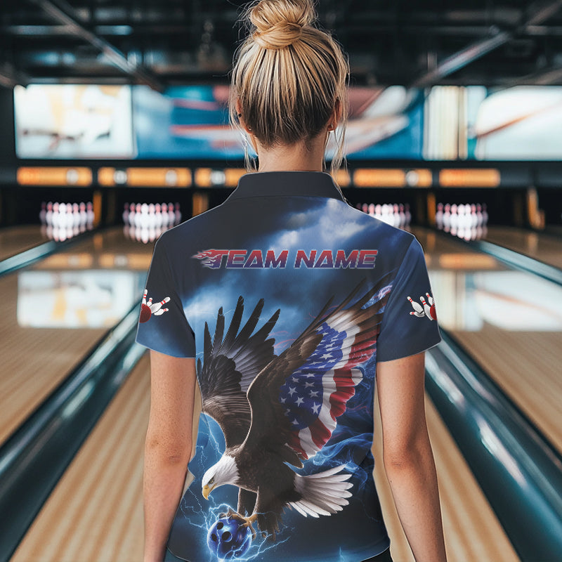 Custom Blue Lightning Patrotic Eagle Bowling Women Polo Shirt, US Flag Bowling Team Shirt IPHW8938