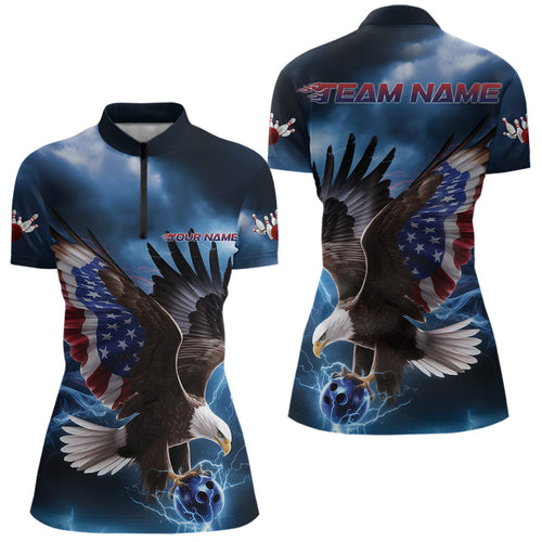 Custom Blue Lightning Patrotic Eagle Bowling Women Quarter-Zip Shirt, US Flag Bowling Shirt IPHW8938