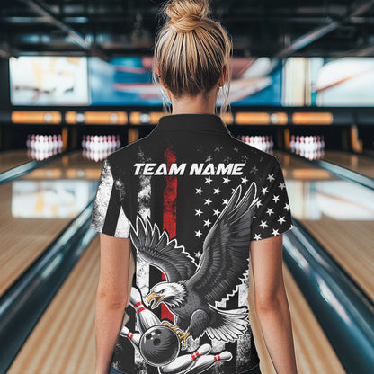 Custom Red Line American Flag Eagle Bowling Women Polo Shirt, Patriotic US Bowling Shirt IPHW8939