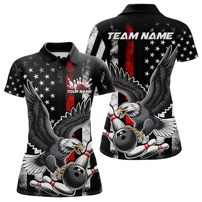 Custom Red Line American Flag Eagle Bowling Women Polo Shirt, Patriotic US Bowling Shirt IPHW8939
