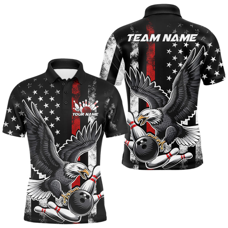 Custom Red Line American Flag Eagle Bowling Men Polo Shirt, Patriotic US Bowling Shirt IPHW8939