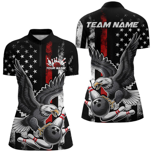 Custom Red Line American Flag Eagle Bowling Women Quarter-Zip Shirt, Patriotic Bowling IPHW8939