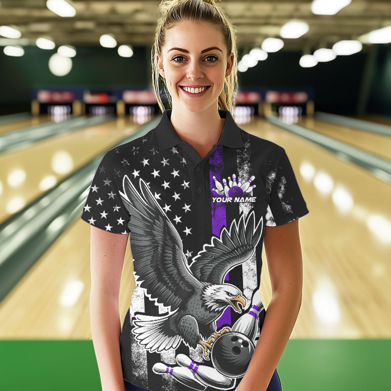 Custom Purple Line American Flag Eagle Bowling Women Polo Shirt, Patriotic US Bowling Shirt IPHW8940