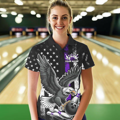 Custom Purple Line American Flag Eagle Bowling Women Polo Shirt, Patriotic US Bowling Shirt IPHW8940