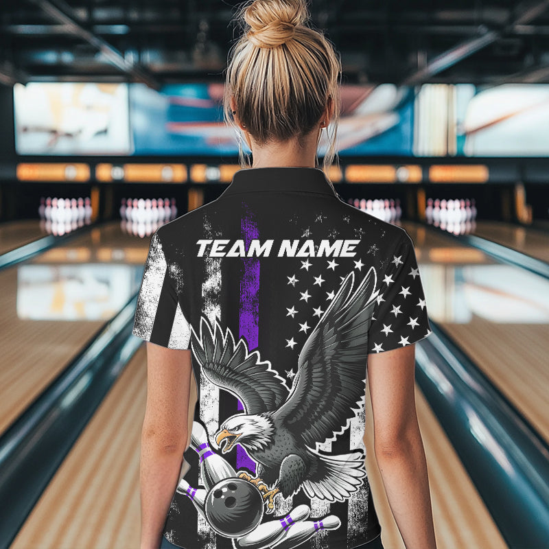 Custom Purple Line American Flag Eagle Bowling Women Polo Shirt, Patriotic US Bowling Shirt IPHW8940