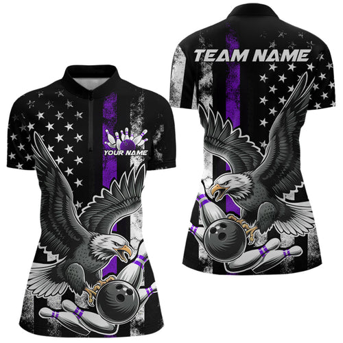 Custom Purple Line American Flag Eagle Bowling Women Quarter-Zip Shirt, Patriotic Bowling IPHW8940