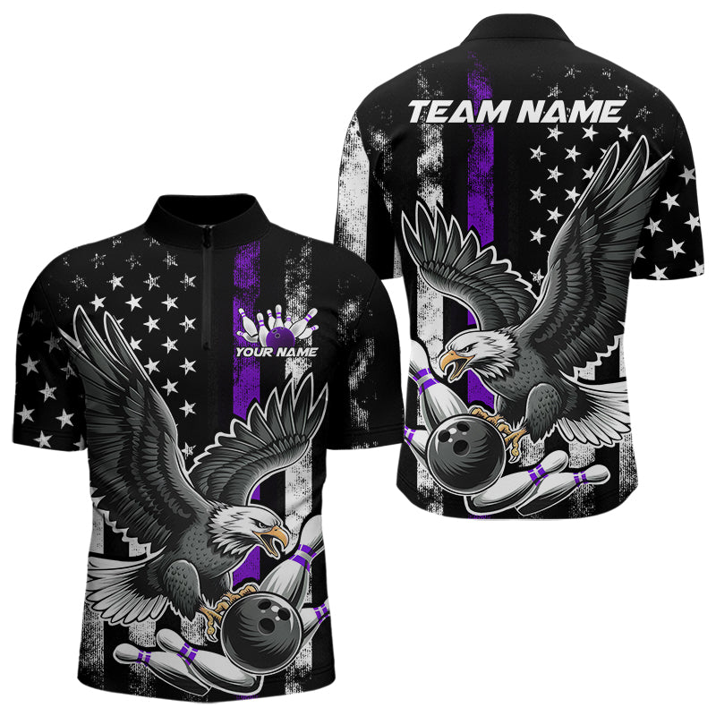 Custom Purple Line American Flag Eagle Bowling Men Quarter-Zip Shirt, Patriotic US Bowling Shirt IPHW8940