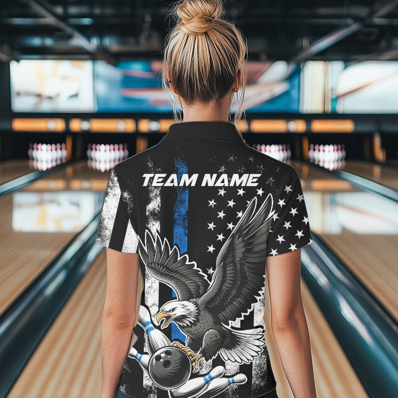 Custom Blue Line American Flag Eagle Bowling Women Polo Shirt, Patriotic US Bowling Shirt IPHW8941