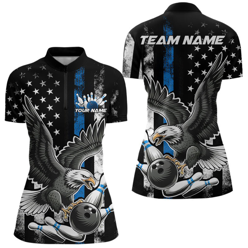 Custom Blue Line American Flag Eagle Bowling Women Quarter-Zip Shirt, Patriotic Bowling IPHW8941