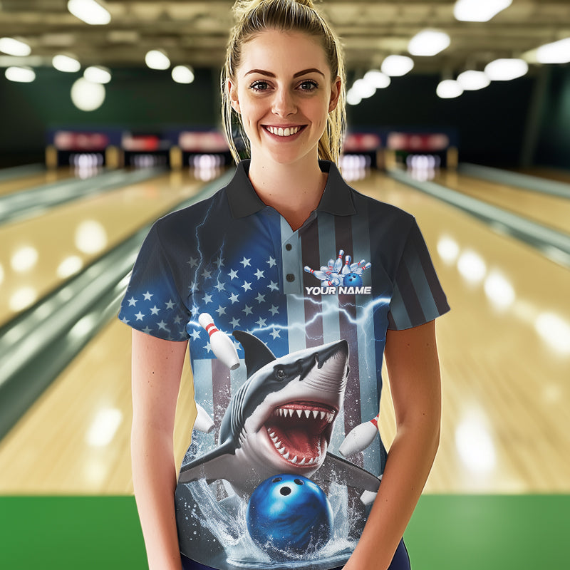 Custom American Flag Shark Bowling Women Polo Shirt, Patriotic Shark Bowling Jerseys IPHW8944