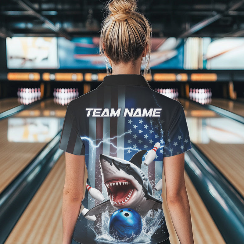 Custom American Flag Shark Bowling Women Polo Shirt, Patriotic Shark Bowling Jerseys IPHW8944