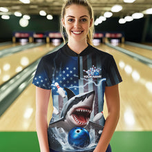 Load image into Gallery viewer, Custom American Flag Shark Bowling Women Quarter-Zip Shirt, Patriotic Shark Bowling Jerseys IPHW8944
