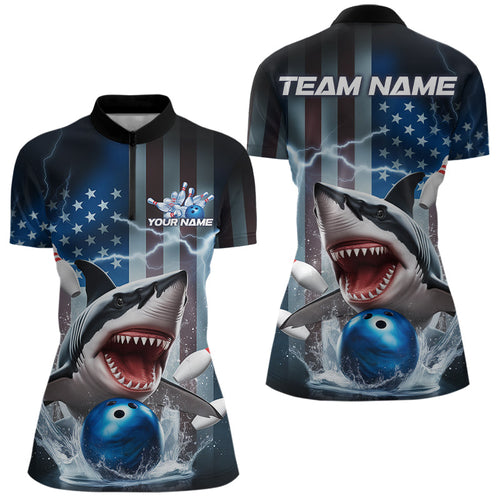 Custom American Flag Shark Bowling Women Quarter-Zip Shirt, Patriotic Shark Bowling Jerseys IPHW8944