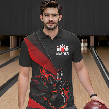 Custom Black And Red Flame Duckpin Bowling Team Men Polo Shirts, Duckpin Tournament Outfit IPHW8945