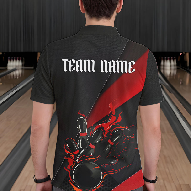 Custom Black And Red Flame Duckpin Bowling Team Men Polo Shirts, Duckpin Tournament Outfit IPHW8945