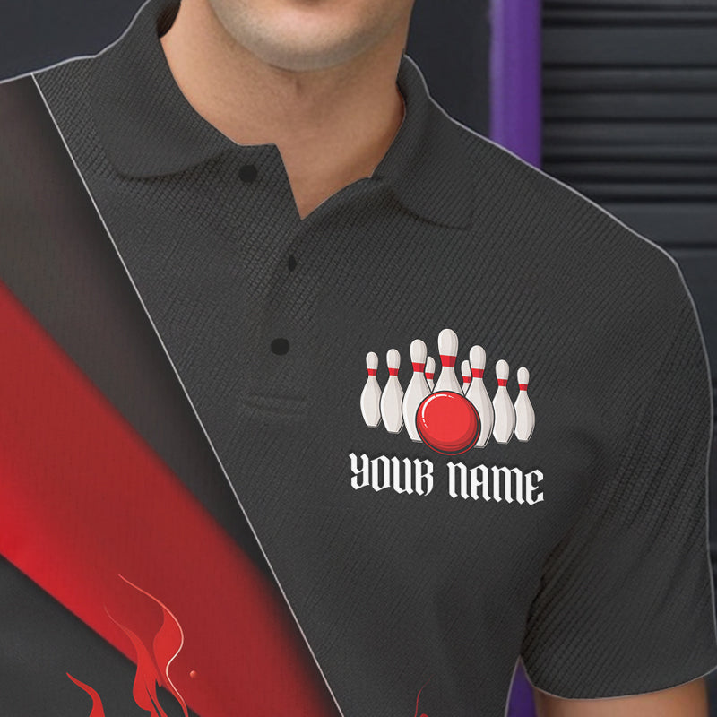 Custom Black And Red Flame Duckpin Bowling Team Men Polo Shirts, Duckpin Tournament Outfit IPHW8945
