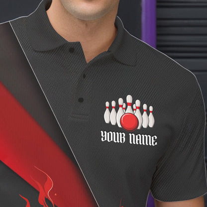 Custom Black And Red Flame Duckpin Bowling Team Men Polo Shirts, Duckpin Tournament Outfit IPHW8945