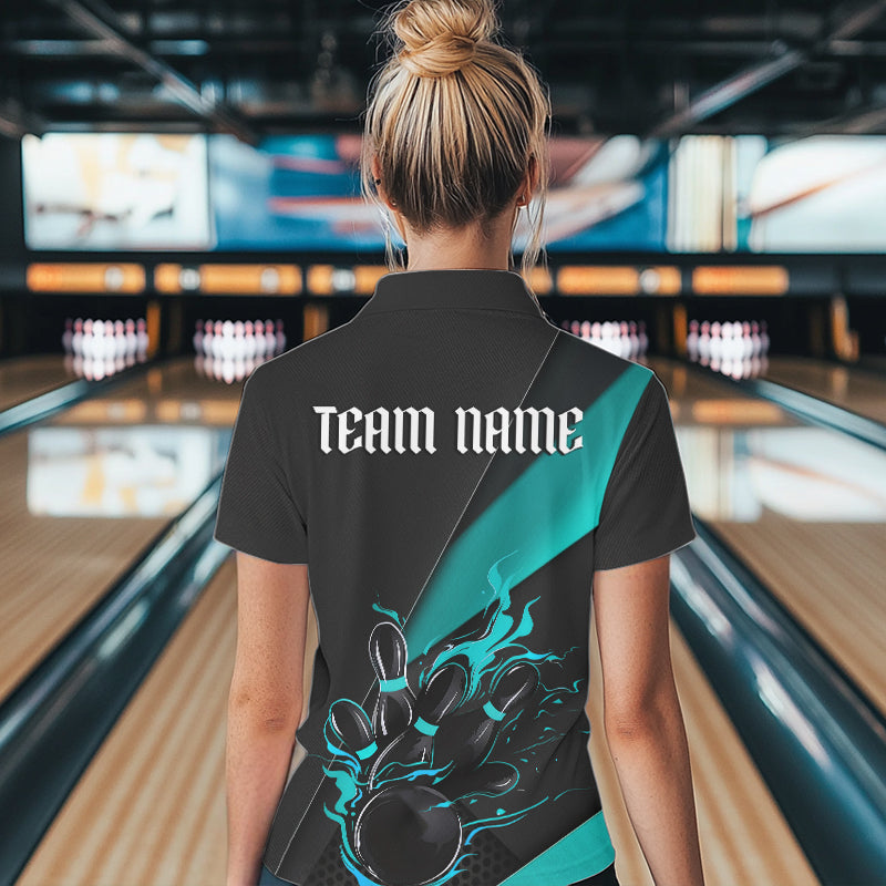 Custom Black And Blue Flame Duckpin Bowling Team Women Polo Shirt,Bowling Tournament Outfit IPHW8946