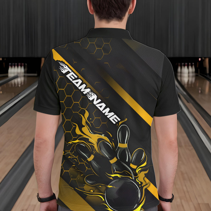 Custom Black And Yellow Flame Duckpin Bowling Polo Shirt For Men, Bowling Team League Shirt IPHW8948