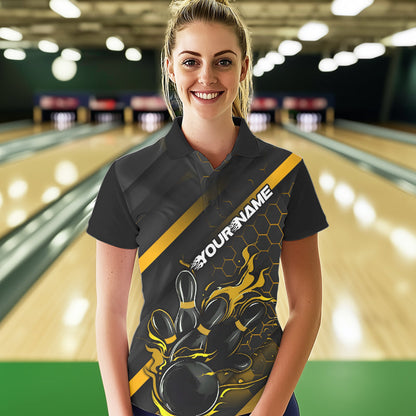 Custom Black And Yellow Flame Duckpin Bowling Women Polo Shirt, Bowling Team League Shirt IPHW8948
