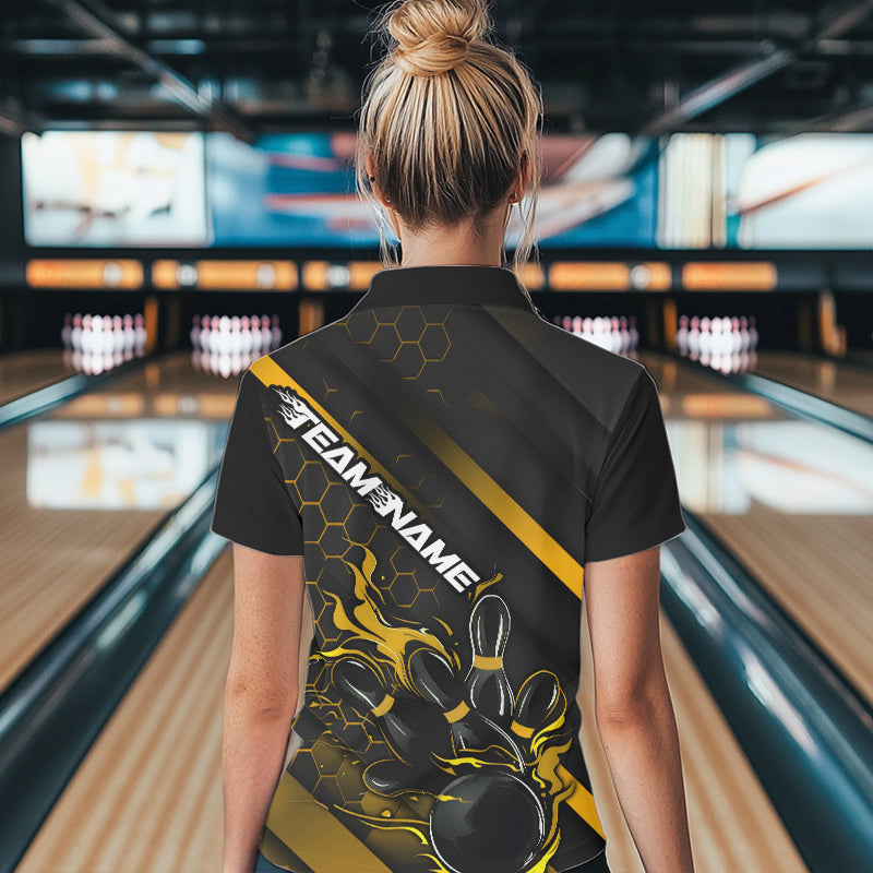 Custom Black And Yellow Flame Duckpin Bowling Women Polo Shirt, Bowling Team League Shirt IPHW8948