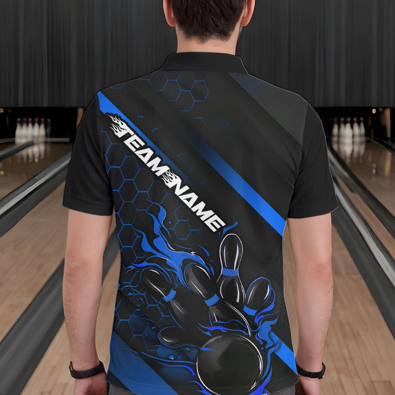 Custom Black And Blue Flame Duckpin Bowling Polo Shirts For Men, Bowling Team League Shirt IPHW8949