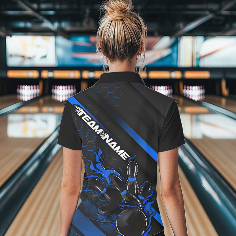 Custom Black And Blue Flame Duckpin Bowling Polo Shirt For Women, Bowling Team League Shirt IPHW8949