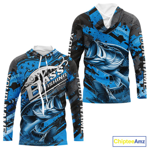 Custom Name Blue Camo Bass Fishing Jerseys, Largemouth Bass Long Sleeve Hooded Fishing Shirt IPHW9186