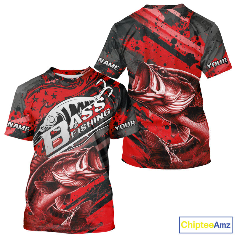 Custom Name Red Camo Bass Fishing Jerseys, Largemouth Bass Fishing T-Shirt IPHW9187