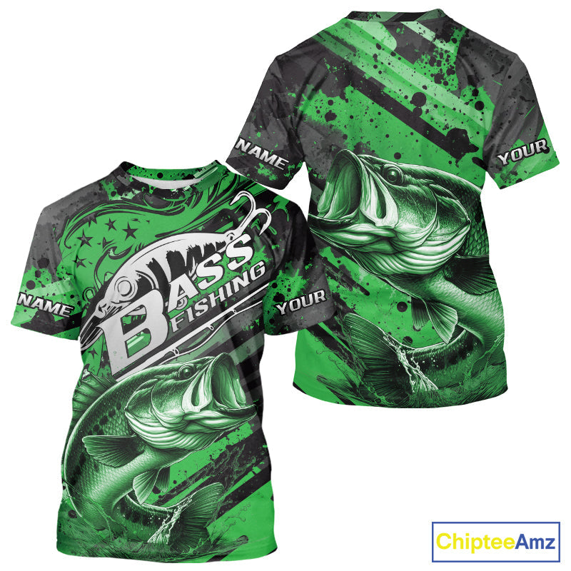 Custom Name Green Camo Bass Fishing Jerseys, Largemouth Bass Fishing T-Shirt IPHW9188
